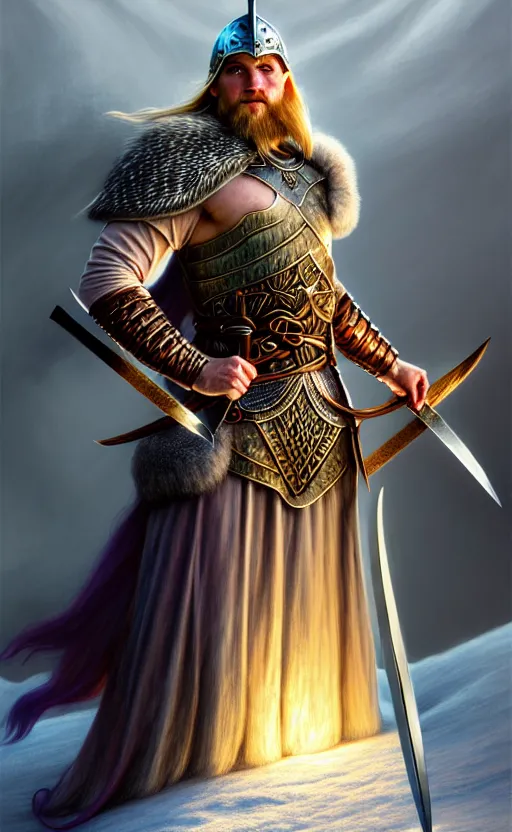 Prompt: iridescent viking warrior, regal, elegant, winter, snow, beautiful, stunning, hd, illustration, epic, d & d, fantasy, intricate, elegant, highly detailed, wide angle, digital painting, artstation, concept art, smooth, sharp focus, illustration, wallpaper, art by artgerm and greg rutkowski and alphonse mucha and jin xiaodi