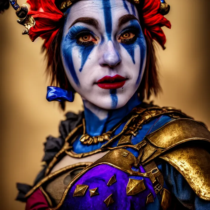 Image similar to photo of a real - life beautiful female jester warrior, 8 k, hdr, smooth, sharp focus, high resolution, award - winning photo