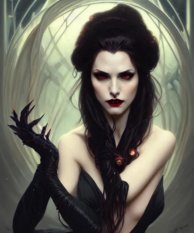 Image similar to A very beautiful lady vampire hypnotises you to bite your neck, sci-fi, amber eyes, face, long hair, fantasy, intricate, elegant, highly detailed, digital painting, artstation, concept art, smooth, sharp focus, illustration, art by artgerm and greg rutkowski and alphonse mucha