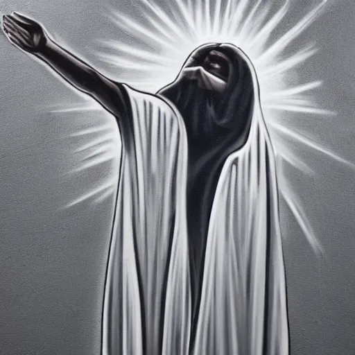 Image similar to monochromatic black graffiti spray-paint mural of blindfolded Jesus wearing a white linen blindfold, arms outstretched, rays of light emanate from his fingers, painted on a concrete wall by Minerva Teichert in the style of Orthodox iconography, Portra 400