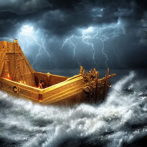 Prompt: the ark of noah in the middle of the storm. photorealistic. high details.