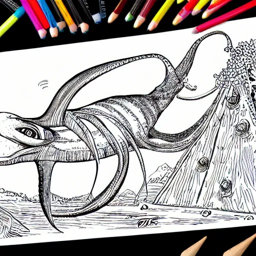 Image similar to a giant squid carrying napoleon on its back, coloring book page
