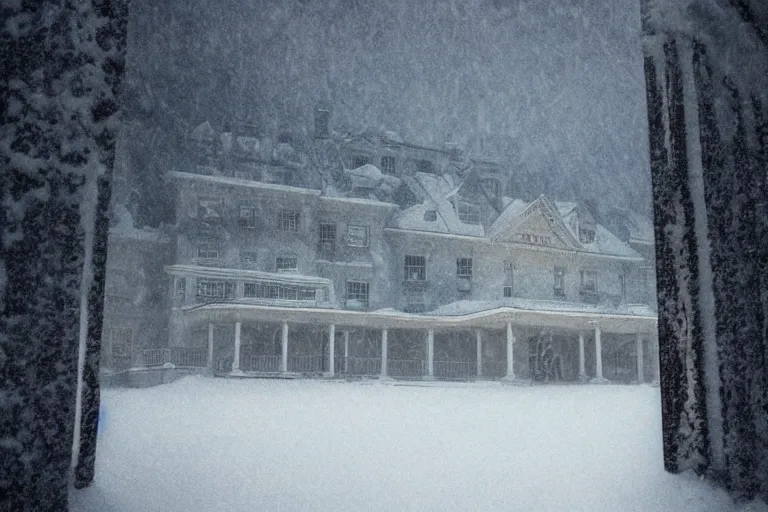 Image similar to The Shining Overlook Hotel, entrance, snow storm, scary, shattered windows, trending on artstation, realistic, cinematic composition, hyper realistic, highly detailed