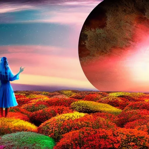 Image similar to A picture of a planet of various colors and plants, in which a human figure dressed in something magical and impressive, inside a picture of infinity, sunset light, Atmospheric Phenomenon art photography