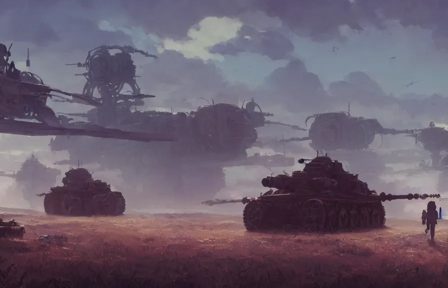 Image similar to concept art of an open field with ruined dieselpunk orcish tanks in the background, key visual, ambient lighting, highly detailed, digital painting, artstation, concept art, sharp focus, by makoto shinkai and akihiko yoshida and hidari and wlop