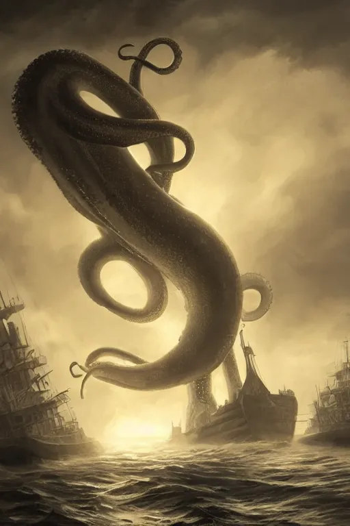 Image similar to gigantic squid-Kraken destroying a boat, lovecraftian creature, dramatic lighting, cinematic, establishing shot, extremly high detail, foto realistic, cinematic lighting, post processed, concept art, artstation, matte painting, style by eddie mendoza, raphael lacoste, alex ross