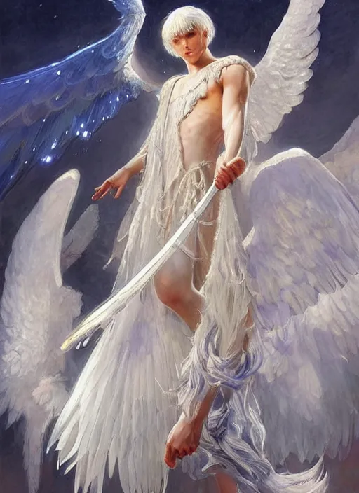 Image similar to harmony of white haired angel yoongi wearing greek clothes, muted colors, sparkles everywhere, big wings, dynamic hair movement, dynamic pose, holographic space, glowing effect, j. c leyendecker, by alan lee, wlop! illustrated by starember, fantasy art by craig mullins