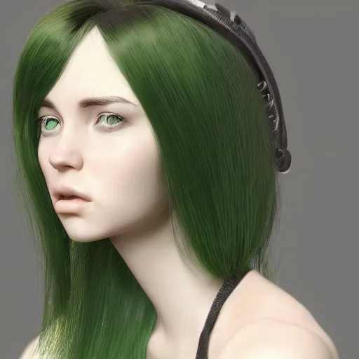 Prompt: portrait of missy, a young woman with long dark hair, green eyes and green hair, ultra detailed, photo realistic, trending on artstation, octane render