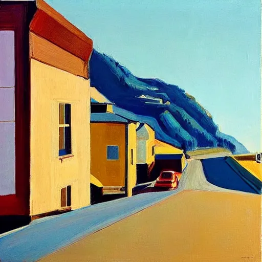 Prompt: “Wayne thiebaud painting of hilly streets and blue skies”