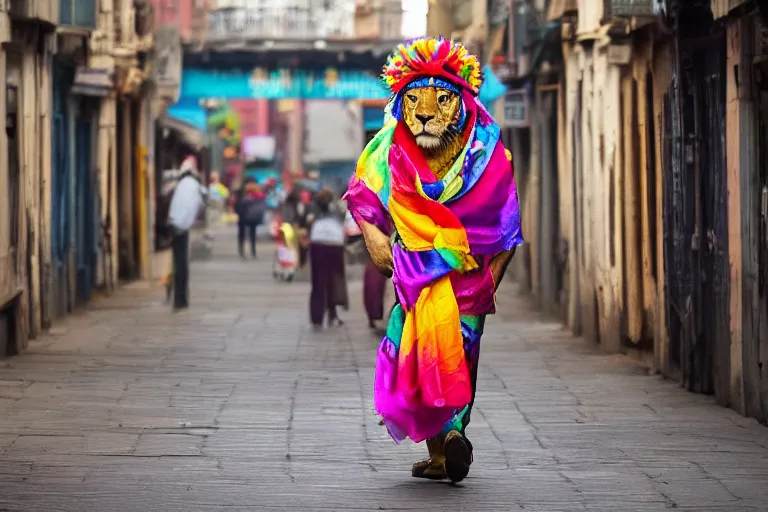 Image similar to A photograph of a lion wearing a brightly coloured hat and silk scarf, proudly walking down the street, national geographic photography, cinematic lighting