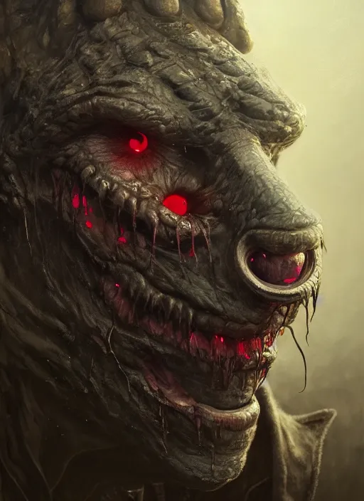 Prompt: close up portrait of a monster in the sinister valley of despair, one mouth, one nose, two eyes, oil painting by tomasz jedruszek, cinematic lighting, pen and ink, intricate line, hd, 4 k, million of likes, trending on artstation