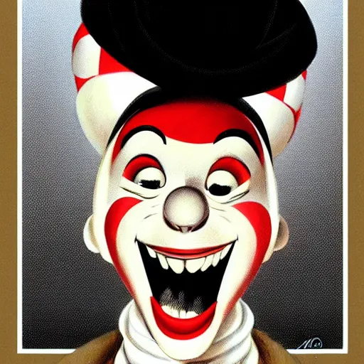 Prompt: a smiling mime, portrait, digital art, trending on artstation, vintage, retrofuturism, art by marc davis, marc davis artwork, poster