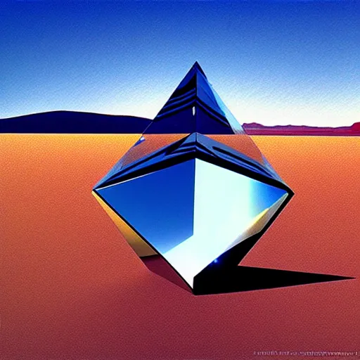 Prompt: big angular crystal in the desert, reflection from the crystal is sparkling due to sun, small starship near, futuristic, hi-tech details, style jean giraud