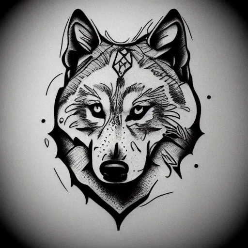 Image similar to tattoo stencil. pencil line drawing, black and white vector, wolf, photoshop