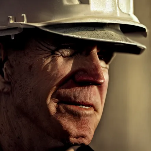 Image similar to Joe Biden as a roughneck oil field worker, high detail, portrait, close up, dirty, hard hat, oil, grit