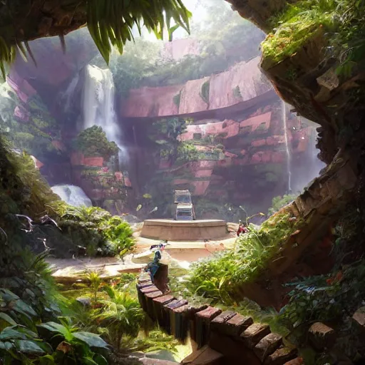 Prompt: worm's eye view of roughly cylindrical overwatch headquarters carved inside a mountain surrounding a lush well kept garden, central waterfall, magical, natural light, fantasy, sharp focus, concept art, by greg rutkowski and craig mullins, cozy atmospheric