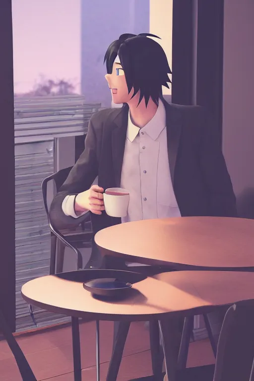 Image similar to a man sitting on a café table mext to a window and holding a cup of coffee at sunset, anime style, Pixar style, black hair, 4K, cartoon, concept art, octane render, unreal engine 5, path tracing, complementary colours, serene scene, warm, cute, natural lighting, high quality, highly detailed, high coherence, defined face, five fingers, anatomically correct, soft lighting, close view