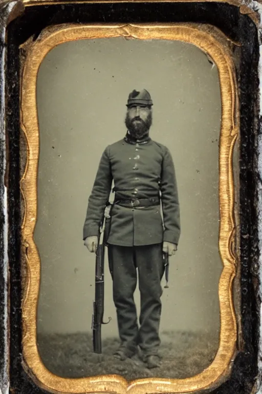 Image similar to a tintype photograph of bigfoot as a soldier in the civil war, posing with his rifle