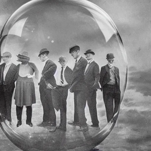 Prompt: 1 9 2 9 bankers, dreaming in a bubble about the future