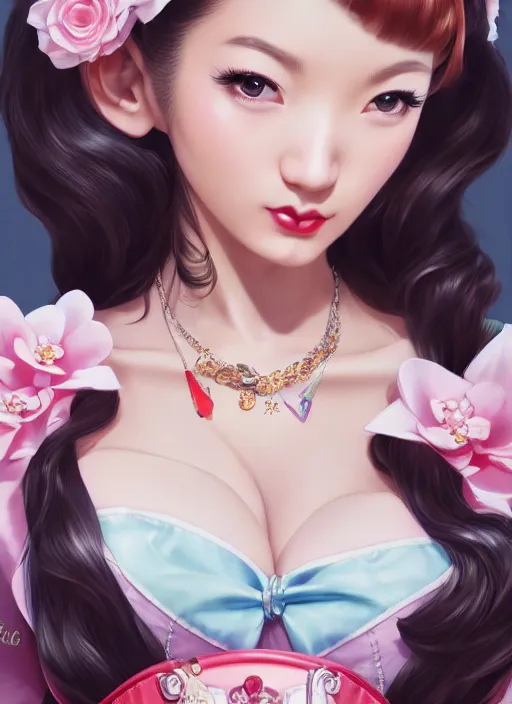 Image similar to a pin up and beautiful fashion dreamlke japan girl with lv jewelry, character art, art by artgerm, wlop, loish, hyperdetailed, 8 k realistic, symmetrical, global illumination, radiant light, frostbite 3 engine, cryengine, dof, trending on artstation, digital art, chanel, dior, detailed background