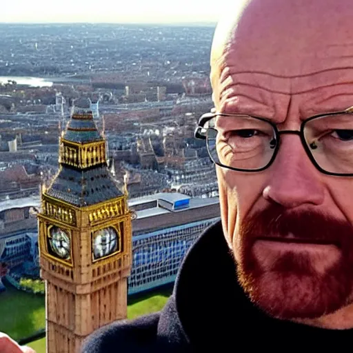 Prompt: walter white doing a selfie from the top of the big ben in london, realistic, cool, nice, beautiful