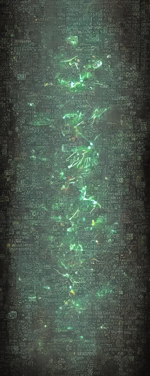 Image similar to a cyberpunk parchment with sketches and matrix rain, ancient text, neon, fractals, recursive, magic, technological, cyberpunk, lovecraft