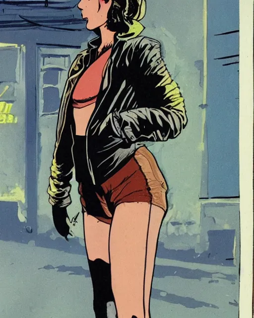 Prompt: young female protagonist in leather jacket, city street, ralph bakshi, frank miller