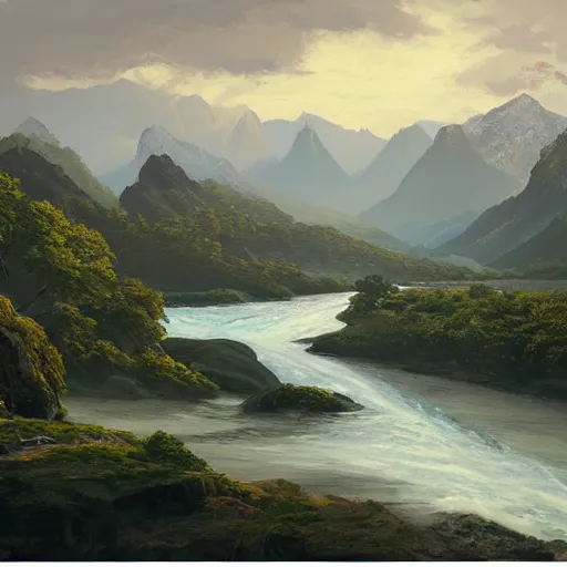 Prompt: a beautiful painting of a scene about a panorama of rivers and mountains, by victo nagi and yuumei and james jean, trending on artstation., ultrawide viewn and highly detailed matte painting - h 6 4 0 - w 1 2 8 0