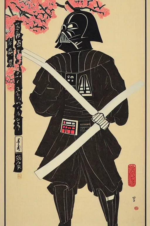 Prompt: Japanese woodblock print of Darth Vader holding a samurai sword , cherry blossom, Hokusai