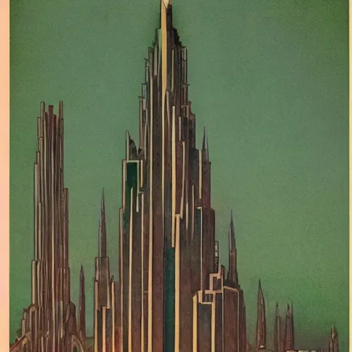Image similar to frank lloyd wright's design for the emerald city, color pastel drawings by hugh ferriss