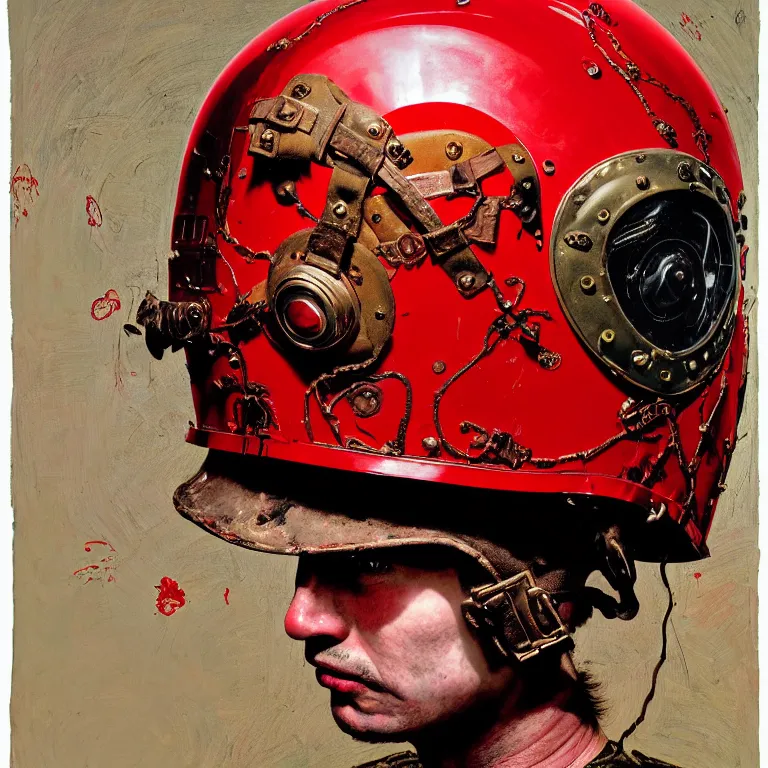 Image similar to portrait of a third reich soldier in ornate motorcycle dirt helmet in a helmet background red plastic bag, circuitboard,, rich deep colors, ultra detail, by francis bacon, james ginn, petra courtright, jenny saville, gerhard richter, zdzisaw beksinsk, takato yamamoto. masterpiece, elegant fashion studio ighting 3 5 mm