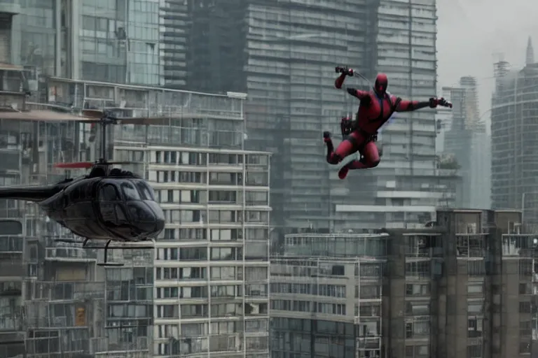 Image similar to Deadpool leaps off helicopter and smashes through high rise window by Emmanuel Lubezki