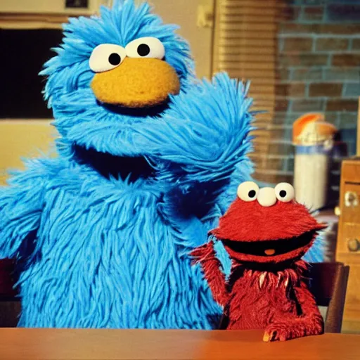 Image similar to Cookie Monster Muppet on Sesame Street smoking weed