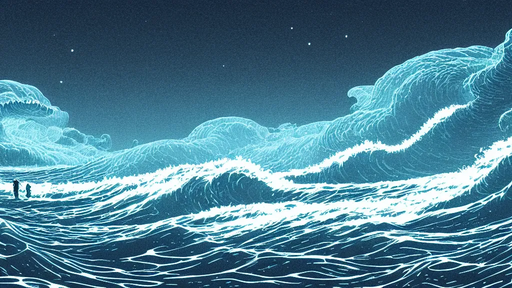 Prompt: highly detailed illustration of high exposure ocean waves at night by moebius, by makoto shinkai, by nico delort, by dan mumford, by otomo, kodachrome, 4 k resolution