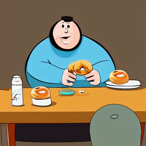 Image similar to big fat guy sitting at a dirty table with too many donuts on his plate,