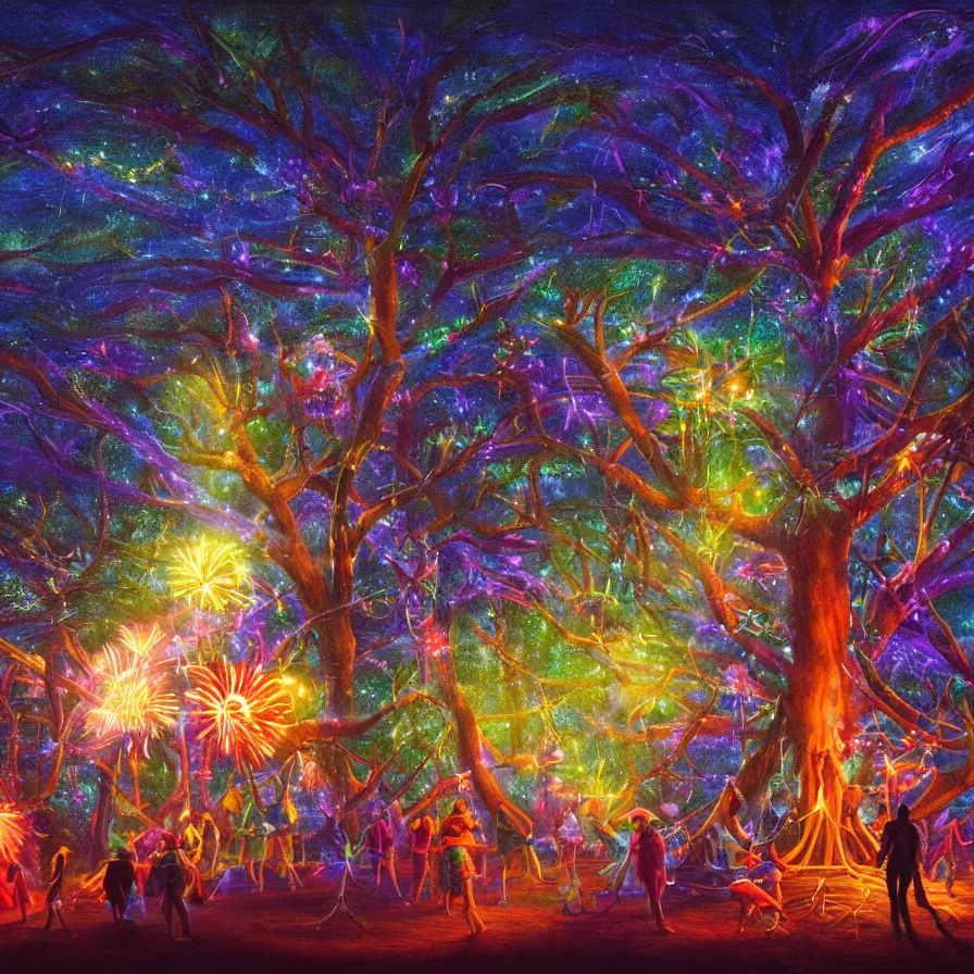 Image similar to closeup of a night carnival around a magical in a summer storm, tree cavity with a music scenario with many fireworks and christmas lights,, volumetric lightning, intense colored god rays in the sky, folklore people disguised with fantastic creatures in a magical forest by summer night, masterpiece painted by rob gonsalves, scene by dark night environment, refraction lights,