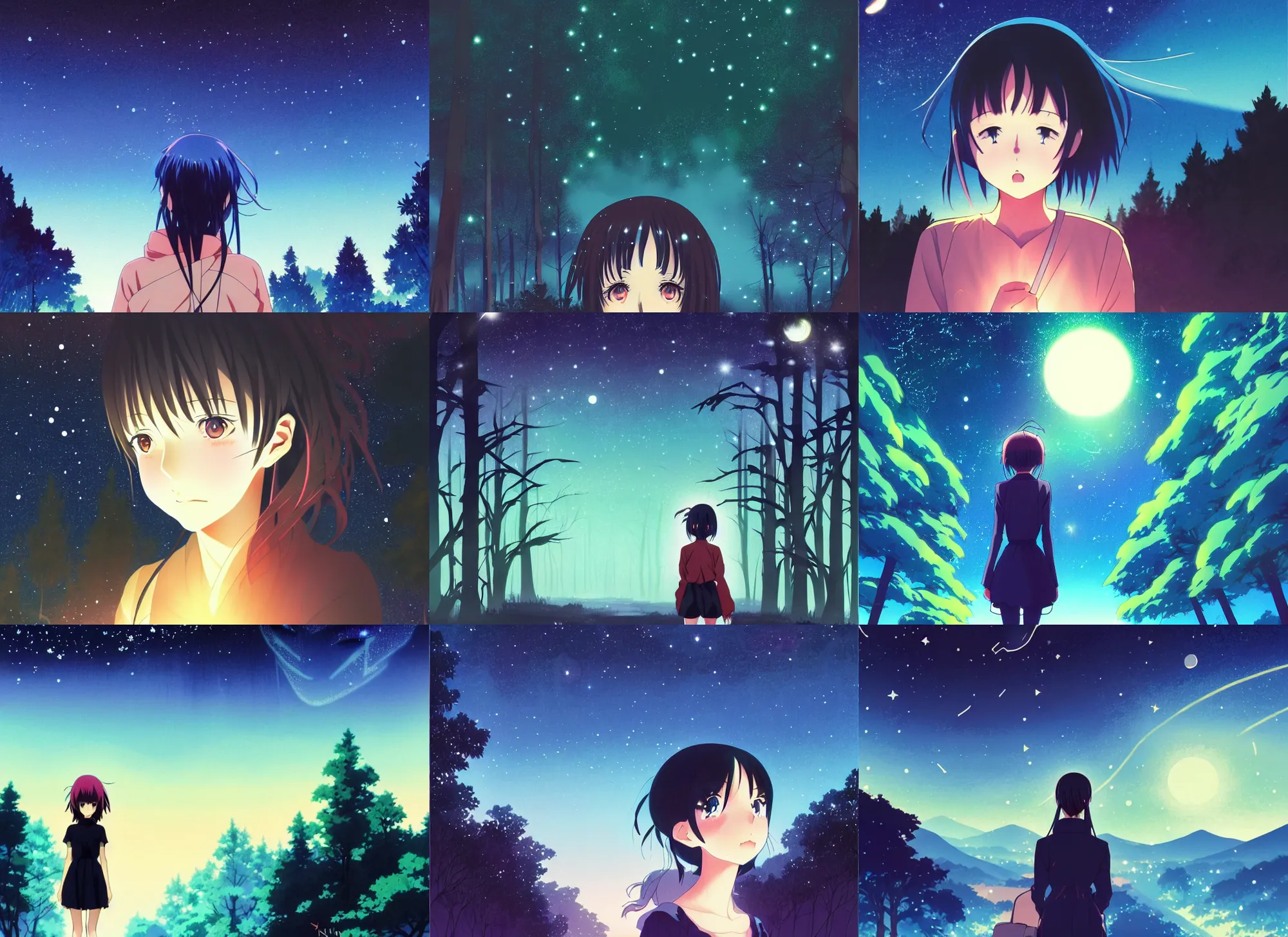 Prompt: anime cels, anime key visual, young woman traveling in a forest at night, night sky, nebula, very dark, cute face by ilya kuvshinov, yoh yoshinari, dynamic pose, dynamic perspective, rounded eyes, smooth facial features, dramatic lighting, flat