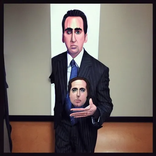 Image similar to nicholas cage as michael scott from office, anatomically correct