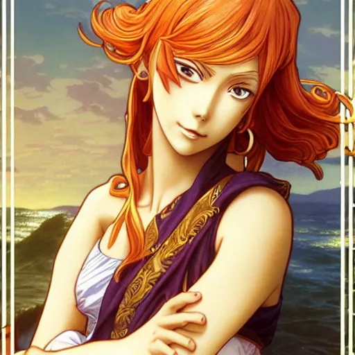 Image similar to intricately detailed vfx portrait of nami from one piece by eiichiro oda, makoto shinkai, alphonse mucha, art by artgerm and greg rutkowski, best of behance, concept art, matte, sharp focus, opulent, orange hair, elegant, adolphe bouguereau, annie leibovitz, stanley kubrick,