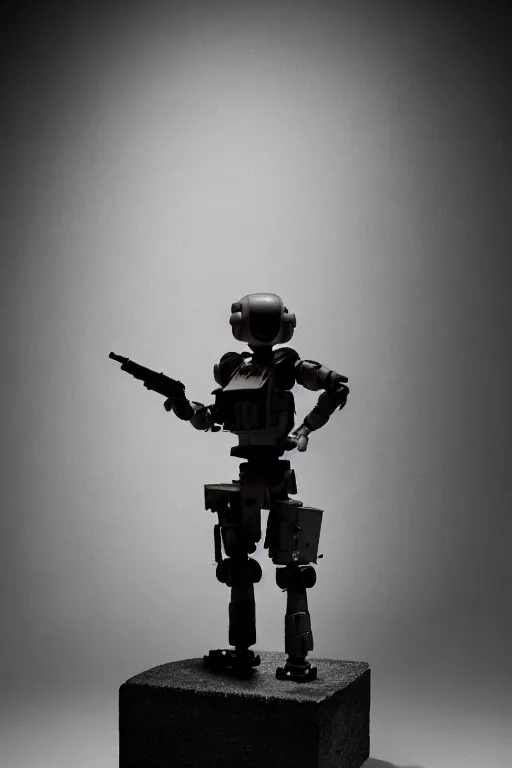 Image similar to a cinematic bust photo shot of a beautiful 1 : 6 scale threea toys action figurine by ashley wood, world war one robot, black background, museum light, dark mood