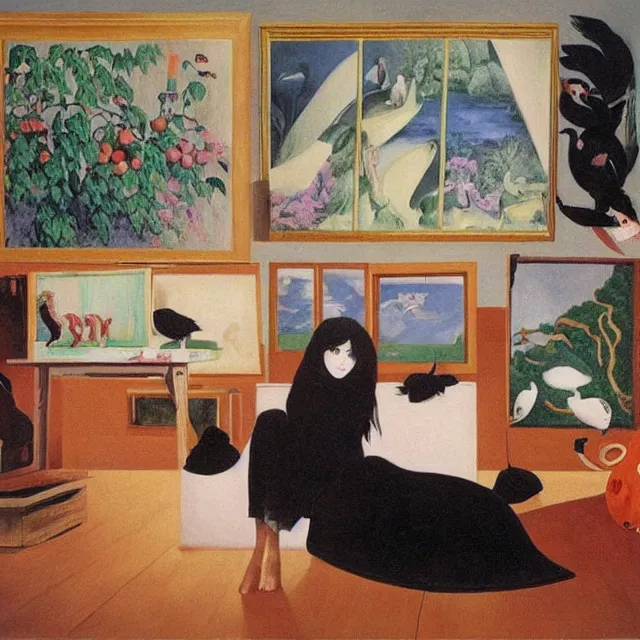 Image similar to emo catgirl art student in her lounge room, painting of flood waters inside an artist's loungeroom, a river flooding indoors, pomegranates, pigs, ikebana, water, octopus, river, rapids, waterfall, black swans, canoe, berries, acrylic on canvas, surrealist, by magritte and monet