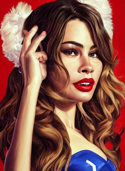 Prompt: twin peaks movie poster art portrait of sofia vergara as the local cheerleader, nostalgic, domestic, highly detailed, digital painting, artstation, concept art, smooth, sharp focus, illustration, artgerm, joseph christian leyendecker, wlop by katherine lam