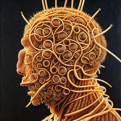 Image similar to zoomed out half boy half rhino made of spaghetti, intricate armor made of spaghetti fractals, ancient warrior, samurai style, by giuseppe arcimboldo and ambrosius benson, renaissance, intricate and intense oil paint, a touch of beksinski, realistic