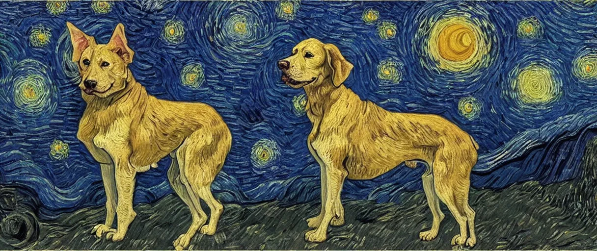 Prompt: studio portrait of a single wizened old dog in the style of the Starry Night; extremely detailed; oil painting by Vincent van Gogh