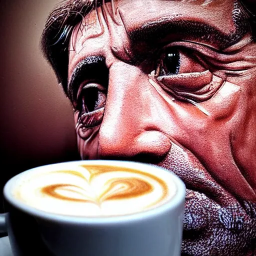 Image similar to al pacino's face made of milk foam in a cup of cappuccino, high detail