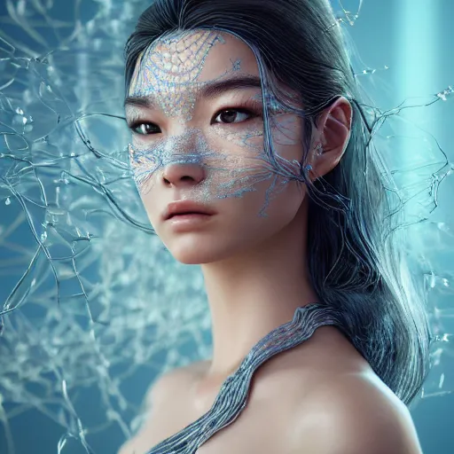 Image similar to intricate highly detailed face portrait of asian - european woman, light blue water vines on her face, intricate, cgsociety, unreal engine, octane render, sharp focus, smooth, volumetric lighting, cinematic composition, artstation