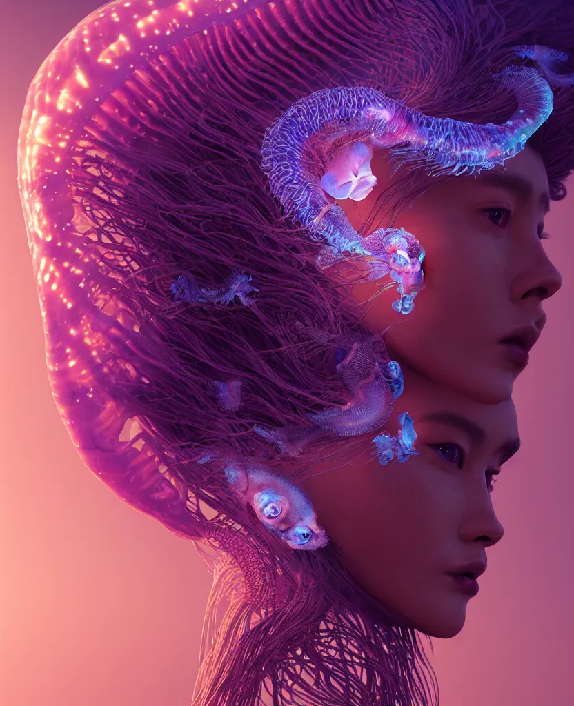 Image similar to goddess close-up portrait. jellyfish phoenix head, nautilus, orchid, skull, betta fish, bioluminiscent creatures, intricate artwork by Tooth Wu and wlop and beeple. octane render, trending on artstation, greg rutkowski very coherent symmetrical artwork. cinematic, hyper realism, high detail, octane render, 8k