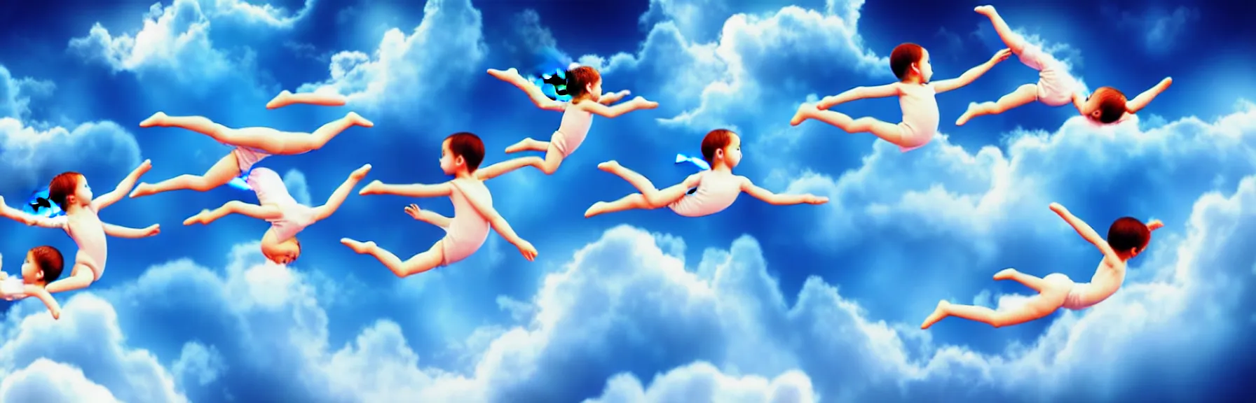 Prompt: multiple beautiful angels swimming in the cloud in acrobatic poses; dreamy sky, ultrarealistic, photorealistic, 8K