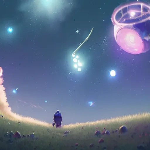 Image similar to astroneer chasing a distant spaceship Anime, wide angle, fine details, cinematic. galaxy starscape. realistic shaded lighting by Ilya Kuvshinov Giuseppe Dangelico Pino and Michael Garmash and Rob Rey greg rutkowski, octane render, IAMAG premiere, aaaa achievement collection, elegant freckles, cinematic hologram, fabulous, daily deviation, 4k, 8k, annual award winner