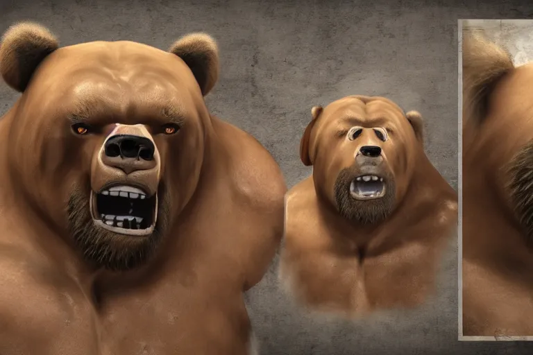 Image similar to Grizzly Bearzilla Powerlifter God named Samael, face portrait, unreal engine